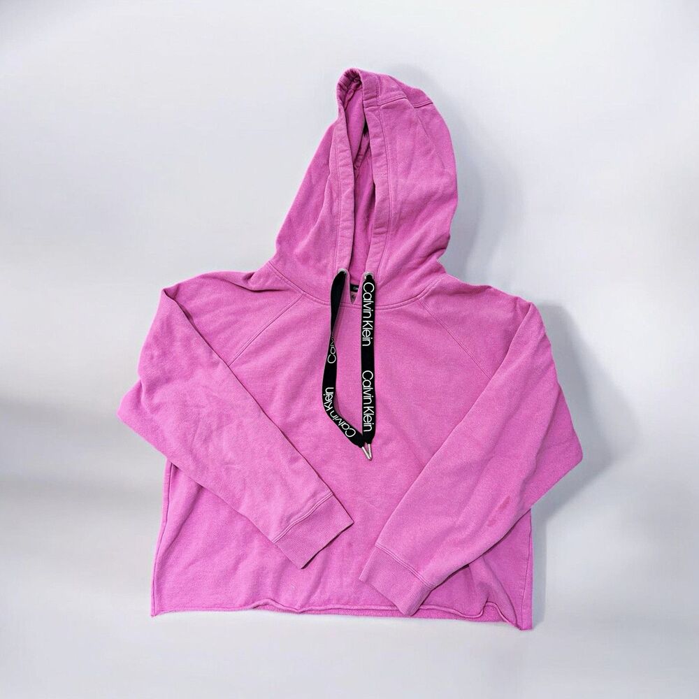 Calvin Klein Women's Pink Logo Pullover Hoodie Drawstring Fleece Cotton L